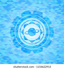 planet, saturn icon inside sky blue emblem with triangle mosaic background