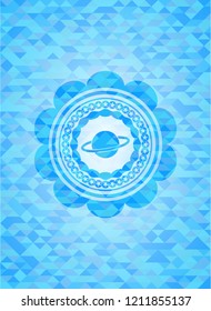 planet, saturn icon inside sky blue emblem with mosaic background