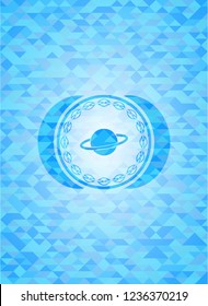 planet, saturn icon inside sky blue emblem with triangle mosaic background