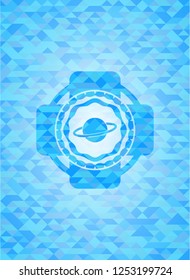 planet, saturn icon inside sky blue emblem with mosaic background
