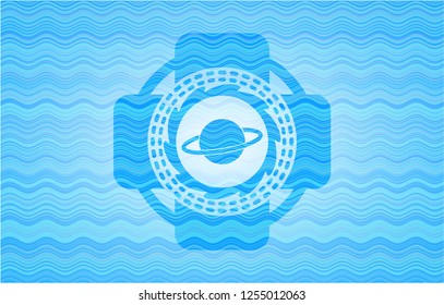 planet, saturn icon inside sky blue water wave badge.