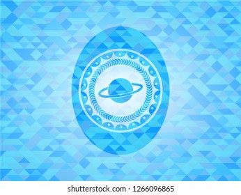 planet, saturn icon inside sky blue mosaic emblem