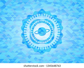 planet, saturn icon inside sky blue emblem with mosaic ecological style background