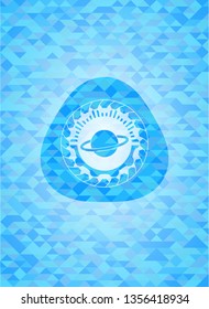 planet, saturn icon inside sky blue emblem with mosaic ecological style background
