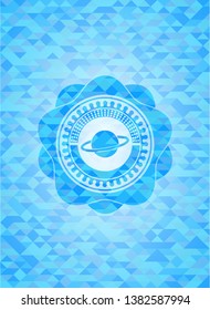 planet, saturn icon inside sky blue emblem with mosaic ecological style background
