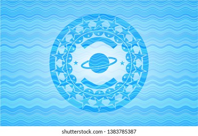 planet, saturn icon inside sky blue water wave badge.