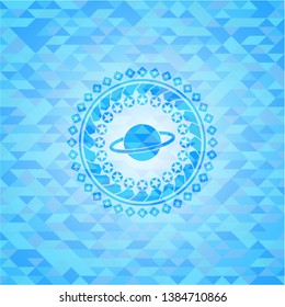 planet, saturn icon inside sky blue emblem with mosaic background