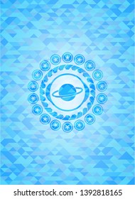 planet, saturn icon inside sky blue emblem with mosaic background