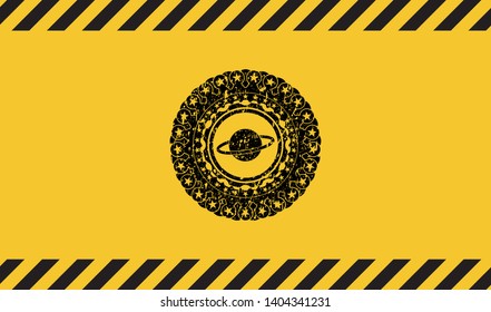 planet, saturn icon inside warning sign, black grunge emblem. Vector Illustration. Detailed.