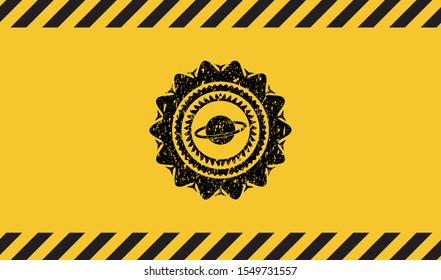 planet, saturn icon inside warning sign, black grunge emblem. Vector Illustration. Detailed.