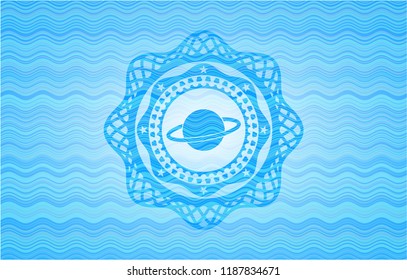 planet, saturn icon inside water wave representation badge background.