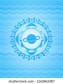 planet, saturn icon inside water wave representation emblem background.