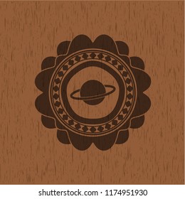planet, saturn icon inside wood emblem. Vintage.