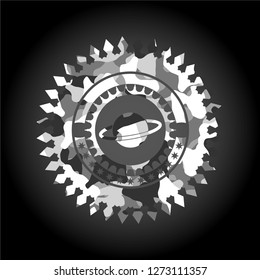 planet, saturn icon on grey camouflaged texture