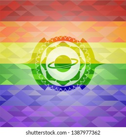 planet, saturn icon on mosaic background with the colors of the LGBT flag