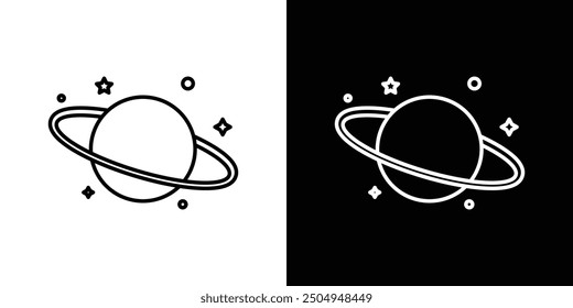 Planet saturn icon set in black and white stroke.