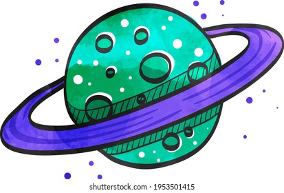 Planet Saturn icon in watercolor style.