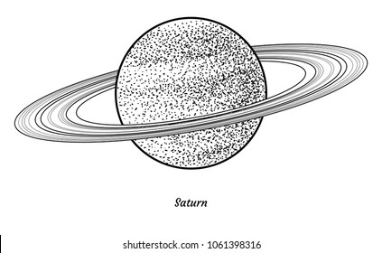 Planet Saturn illustration, drawing, engraving, ink, line art, vector