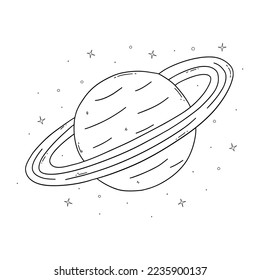 Planet Saturn oder Jupiter mit Ring im Raum und Sternen im Universum. Schwarz-Weiß-Vektorgrafik einzeln handgezeichnet. Außenbereich. Druck oder Karte, Poster