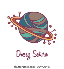 Planet Saturn logo. Hand drawn full color brand sign