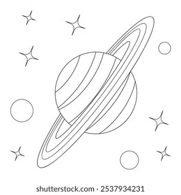 Planeta Saturno com suas luas no céu estrelado. Preto e branco. Ilustração vetorial para livro de colorir para crianças. Planilha.