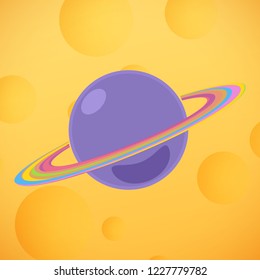 Planet Saturn on the Background of the Lunar Surface, Yellow Moon with Craters , Vector Illustration