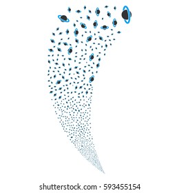 Planet Saturn random fireworks stream. Vector illustration style is flat blue and gray iconic symbols on a white background. Object fountain created from scattered pictograms.