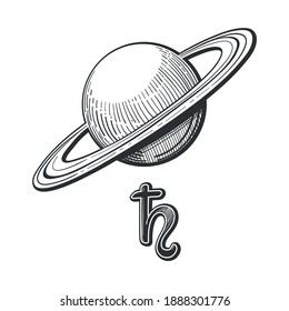 Planeta Saturno con anillos con signo astrológico, dibujo manual lineal aislado sobre fondo blanco. Símbolo de astrología, signos zodiacales, gráfico natal.