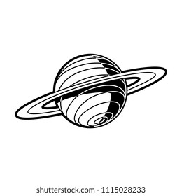 Planet Saturn with rings - celestial body of solar system isolated on white background. Black and white outer space astronomy object. Vector illustration of cosmos element.