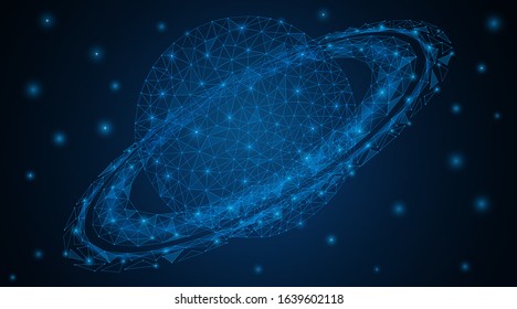 The planet Saturn with rings in space. Low-poly vector illustration consisting of lines and points.