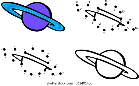 Planet Saturn and its rings. Vector illustration. Coloring and dot to dot educational game for kids