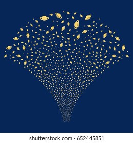 Planet Saturn salute stream. Vector illustration style is flat yellow iconic symbols on a blue background. Object source fountain organized from random pictograms.