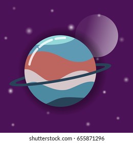 Planet Saturn with satellite in space. Flat design. Vector illustration with planet, satellite and stars.