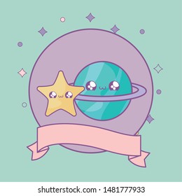 planet saturn and star in frame circular with ribbon kawaii style