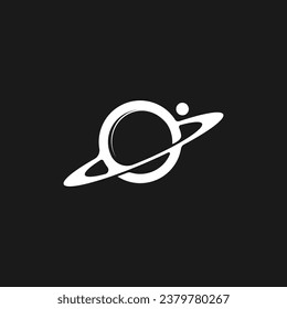 Planet Saturn Vector Logo White Isolated Black Background