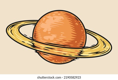 Planet Saturn vintage emblem colorful orange ball with bright ring of cosmic dust particles of galactic system vector illustration
