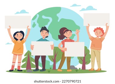 Planet save children pollution kid hold poster eco banner environment activist concept. Vector graphic design illustration element
