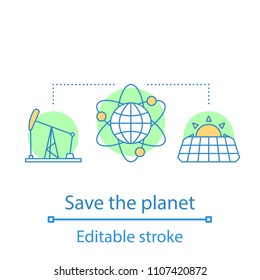 Planet saving concept icon. Environment protection idea thin line illustration. Energy resources. Vector isolated outline drawing. Editable stroke