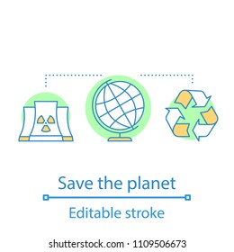 Planet saving concept icon. Environmental pollution idea thin line illustration. Waste contamination. Environment protection. Vector isolated outline drawing. Editable stroke