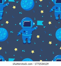 Planet seamless pattern. Stars, spacemans, planets, comets on background. 