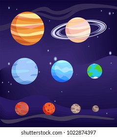 Planet set of celestial bodies, poster with Jupiter and Earth, Venus and Mercury, Pluto and Mars, vector illustration with stars and planets isolated on blue