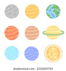 planet set, solar system planet. Vector Illustration for printing, backgrounds, covers and packaging. Image can be used for greeting cards, posters, stickers and textile. Isolated on white background.