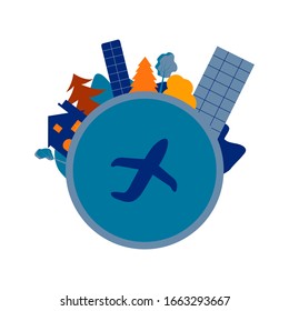 Planet shape. Trees, mountains, a house and high-rises around the edge. A plane in the center of the planet. Colorful illustration on a white background in cartoon style. World Travel Concept Vector