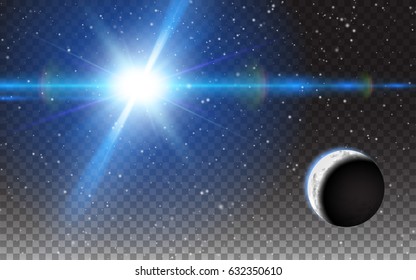 Planet Shining Sun Abstract Space Stars Moon. Effect Realistic Design Elements. Vector Illustration transparent background.