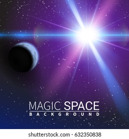 Planet Shining Sun Abstract Space Stars Moon. Effect Realistic Design Elements. Vector Illustration Modern Background.