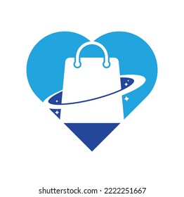 Planet Shop heart shape concept Logo Template Design. Galaxy shopping Bag Vector Logo Design Template.