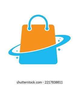Planet Shop Logo Template Design. Galaxy shopping Bag Vector Logo Design Template.	