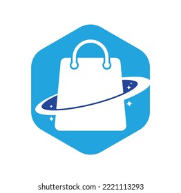 Planet Shop Logo Template Design. Galaxy shopping Bag Vector Logo Design Template.	