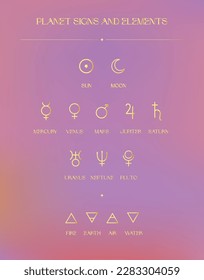 Planet Signs And Elements, Golden Zodiac Icons, Esoteric Abstract Logo, Mystic Spiritual Symbols. Astrology, Moon and Stars, Magic Esoteric Art.