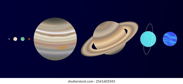 Planet Size Proportions or Comparison Flat Illustration of the Solar System with Dark Background